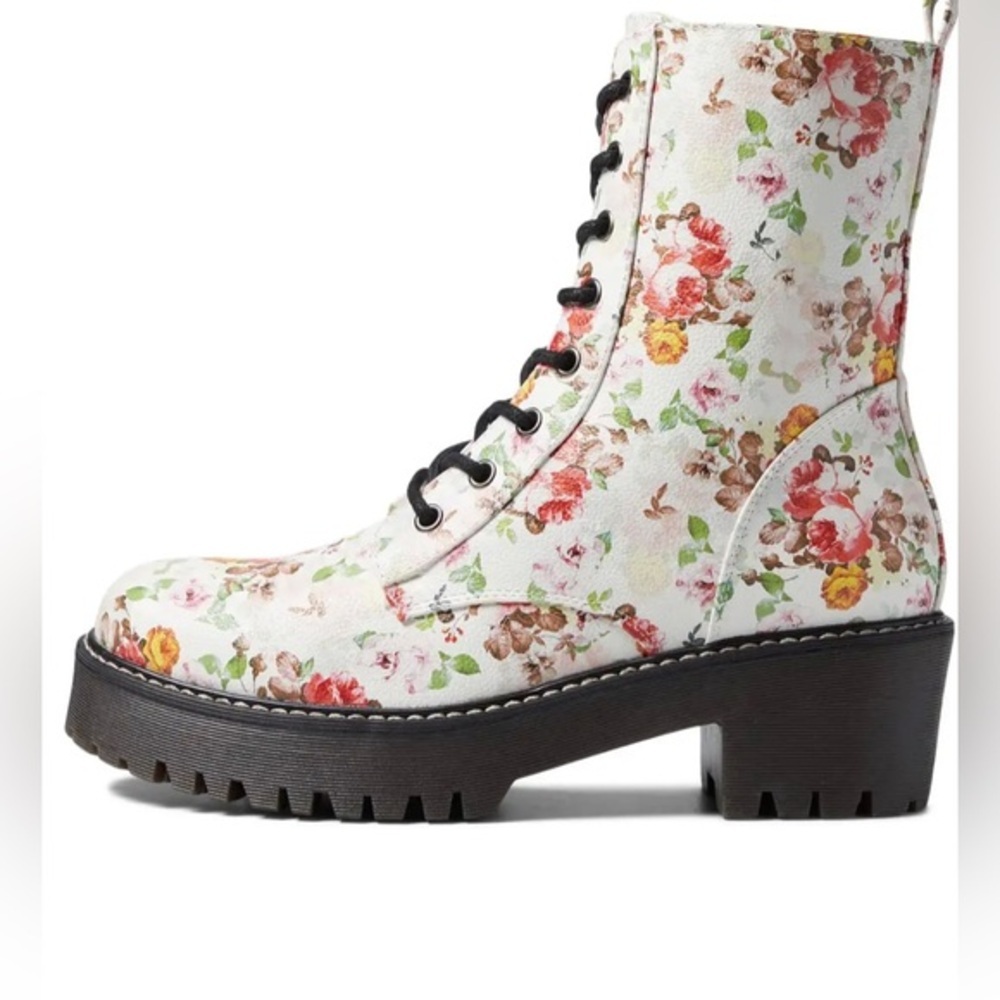 Unionbay White floral print‎ rugged lug sole lace up combat moto boots size 10